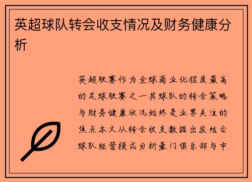 英超球队转会收支情况及财务健康分析