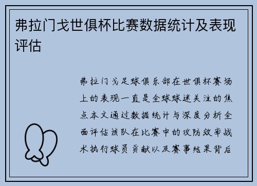 弗拉门戈世俱杯比赛数据统计及表现评估