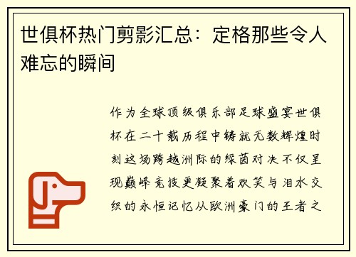 世俱杯热门剪影汇总：定格那些令人难忘的瞬间