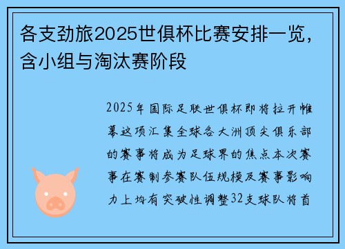 各支劲旅2025世俱杯比赛安排一览，含小组与淘汰赛阶段