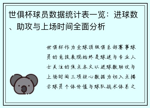 世俱杯球员数据统计表一览：进球数、助攻与上场时间全面分析