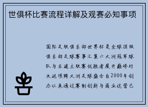世俱杯比赛流程详解及观赛必知事项